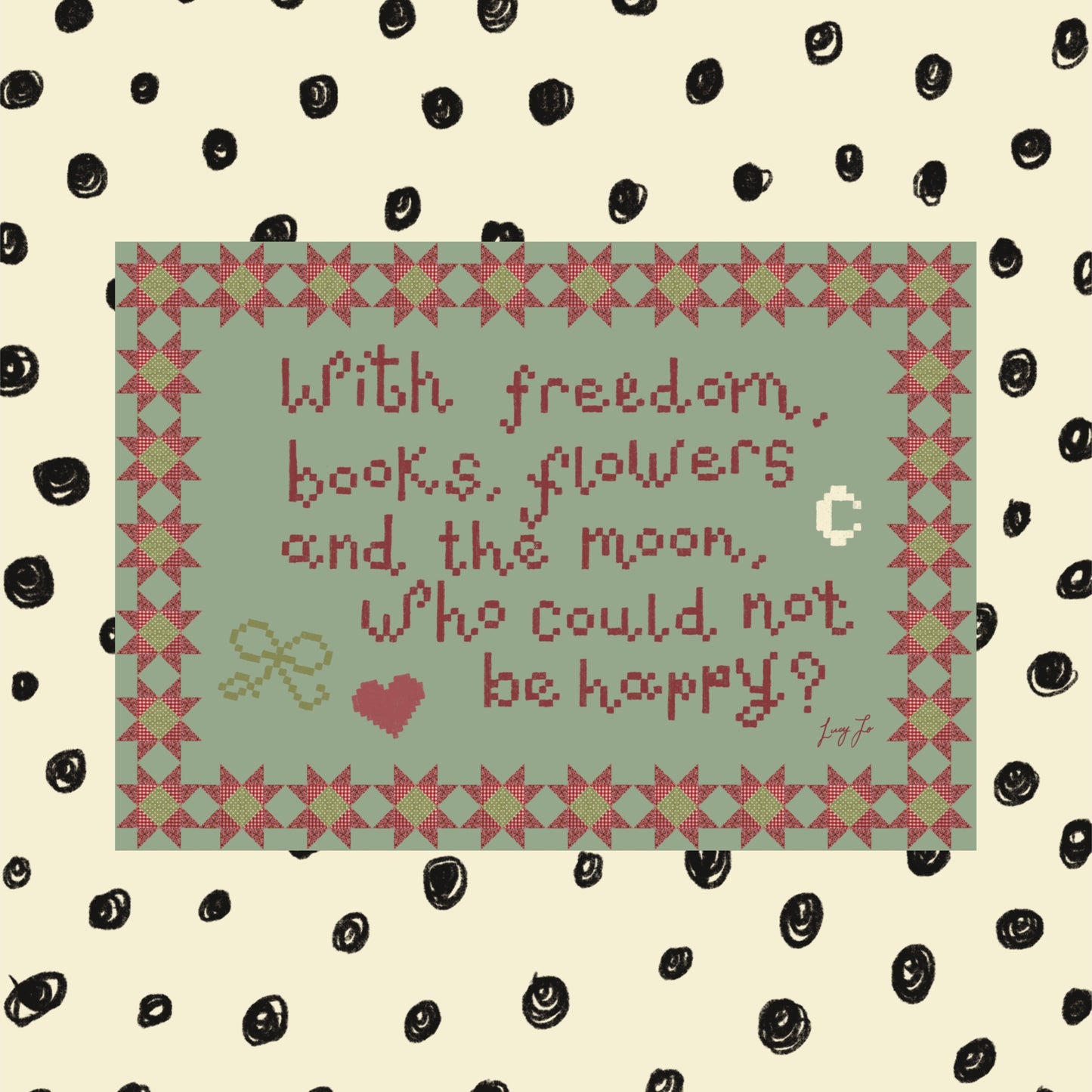 ‘who could not be happy?’ print (blue)
