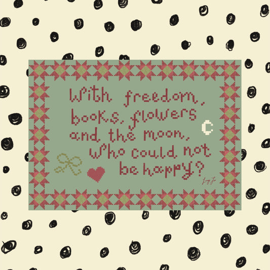 ‘who could not be happy?’ print (blue)